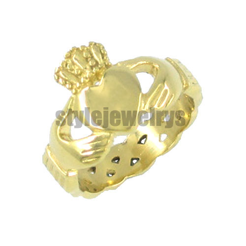 Stainless steel jewelry ring golden Celtic Infinity Love Heart Princess Crown Claddagh Friendship Ring SWR0023G - Click Image to Close